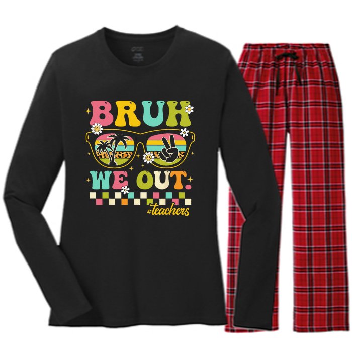 Retro End Of School Year Teacher Summer Bruh We Out Teachers Women's Long Sleeve Flannel Pajama Set 