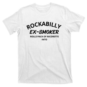 Rockabilly Exsmoker Rolls Pack Of Nicorette Into T-Shirt