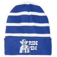 Ride 'Em Skull Skeleton Cow Rodeo Western Horse Lover Gift Striped Beanie with Solid Band