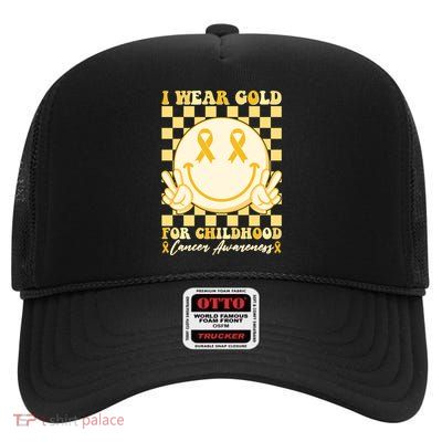 Retro Emoji Smiley I Wear Gold For Childhood Cancer Awareness High Crown Mesh Back Trucker Hat