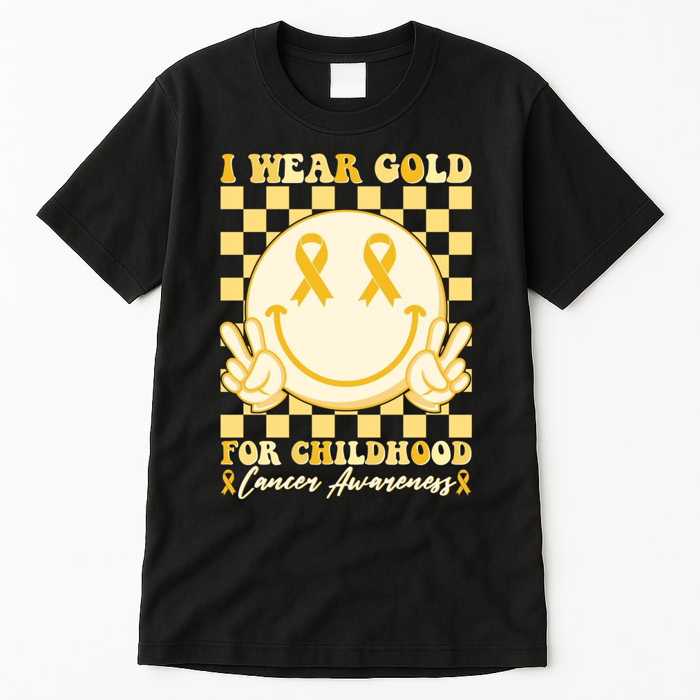 Retro Emoji Smiley I Wear Gold For Childhood Cancer Awareness Tall T-Shirt