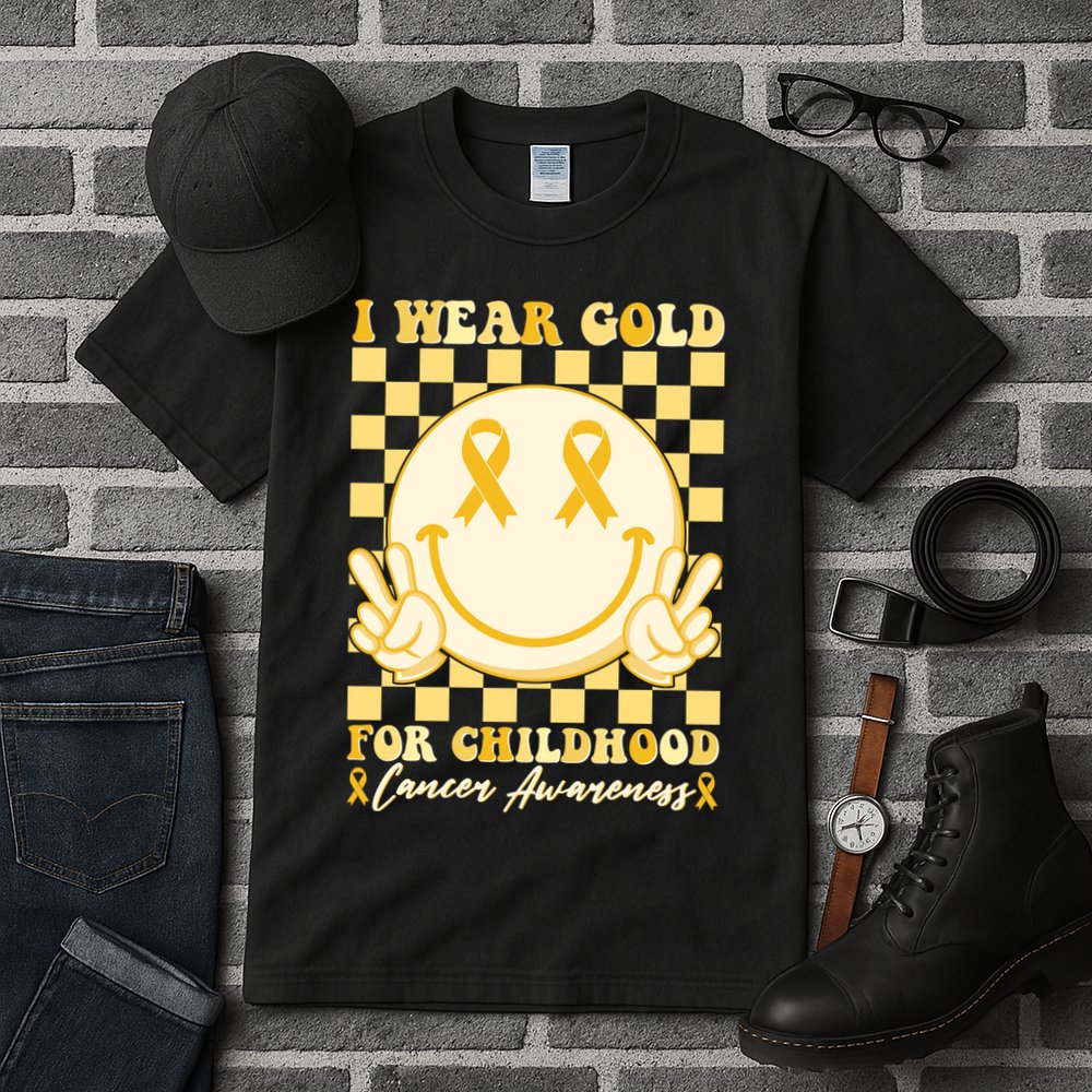 Retro Emoji Smiley I Wear Gold For Childhood Cancer Awareness Tall T-Shirt