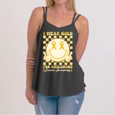 Retro Emoji Smiley I Wear Gold For Childhood Cancer Awareness Women's Strappy Tank