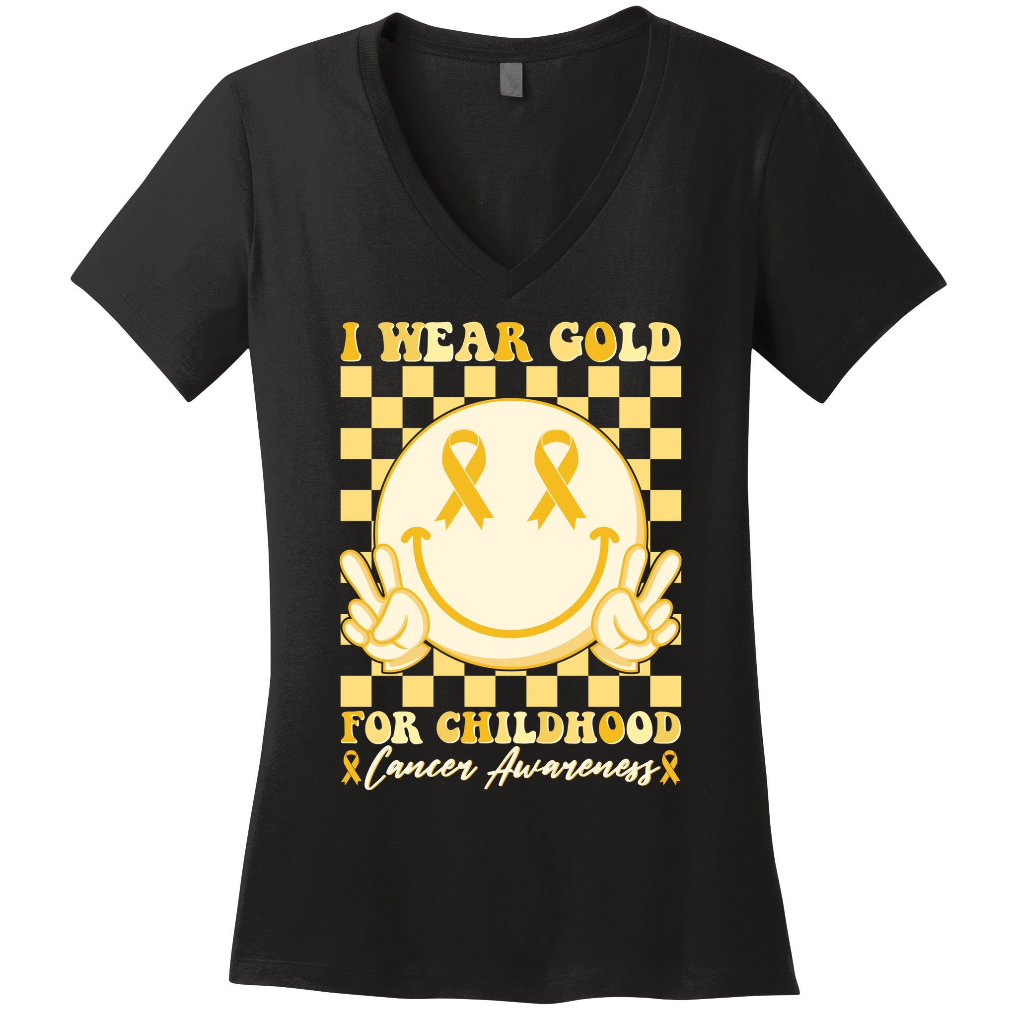 Retro Emoji Smiley I Wear Gold For Childhood Cancer Awareness Women's V-Neck T-Shirt