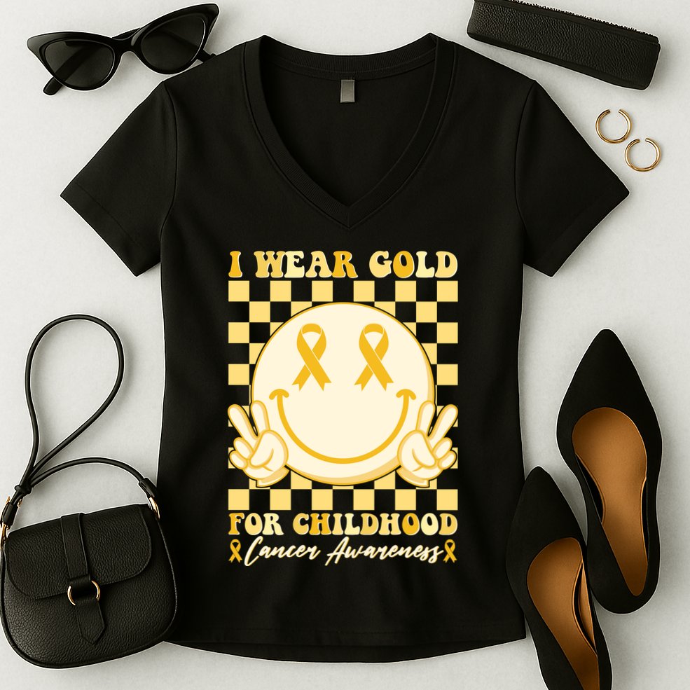 Retro Emoji Smiley I Wear Gold For Childhood Cancer Awareness Women's V-Neck T-Shirt