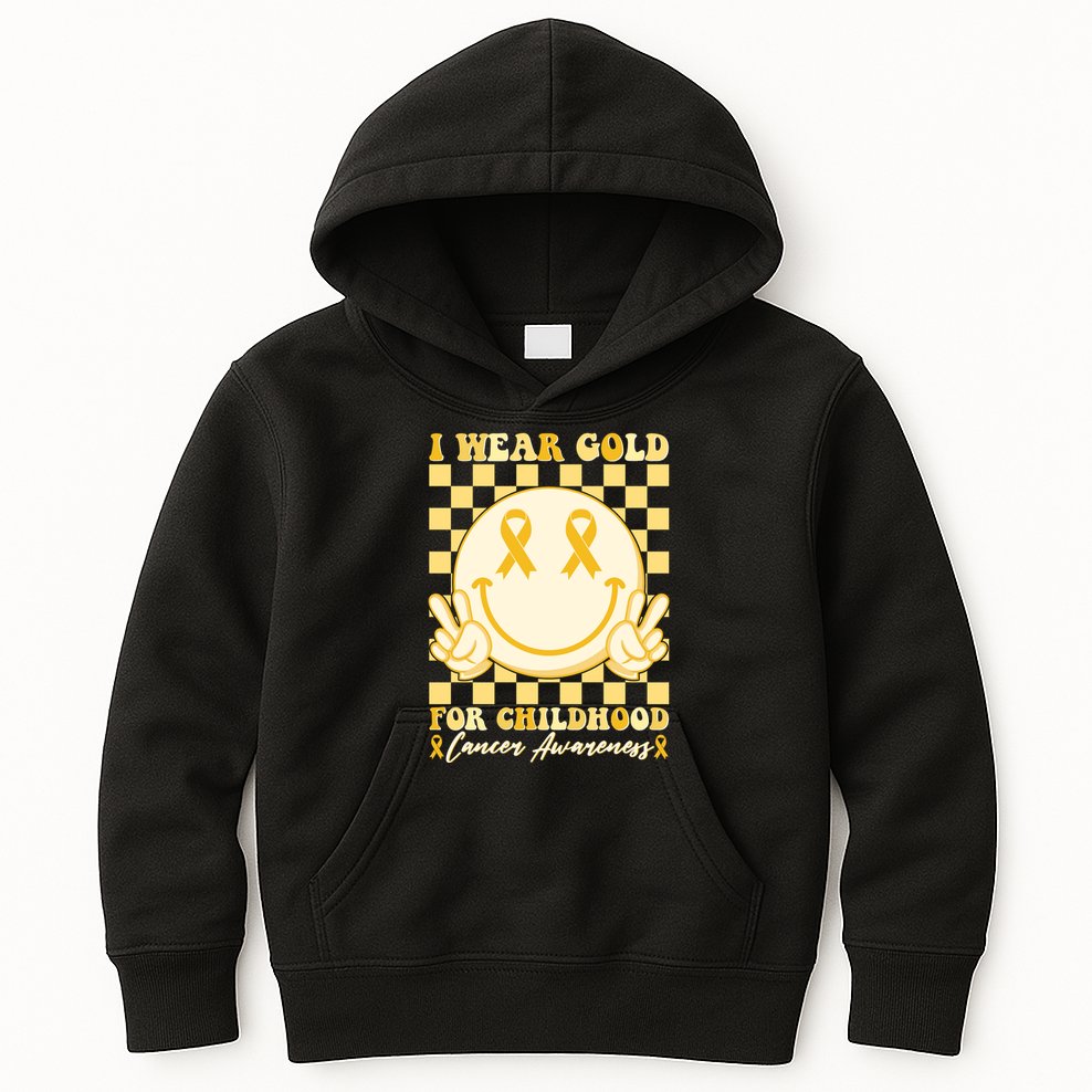 Retro Emoji Smiley I Wear Gold For Childhood Cancer Awareness Kids Hoodie