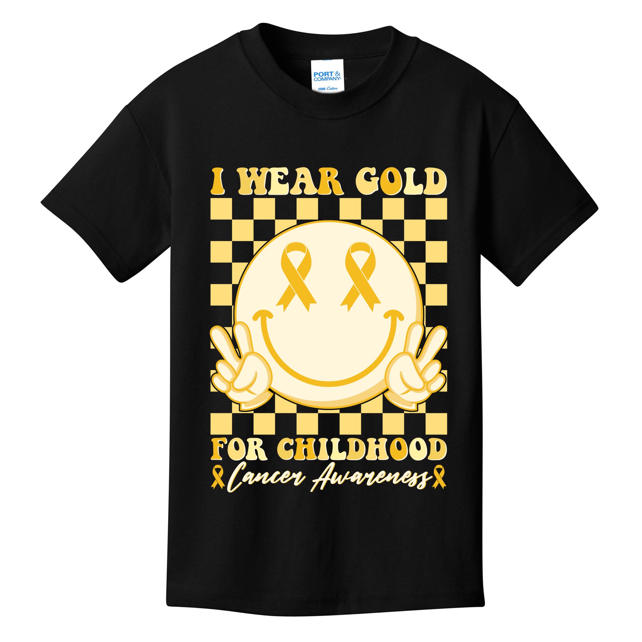 Retro Emoji Smiley I Wear Gold For Childhood Cancer Awareness Kids T-Shirt