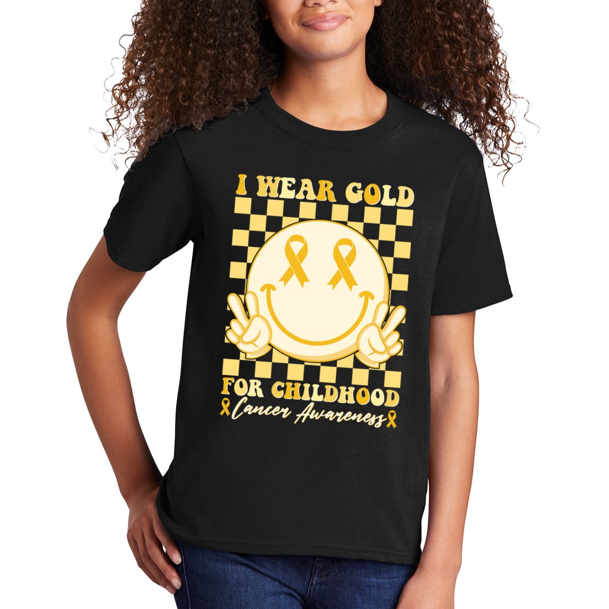 Retro Emoji Smiley I Wear Gold For Childhood Cancer Awareness Kids T-Shirt