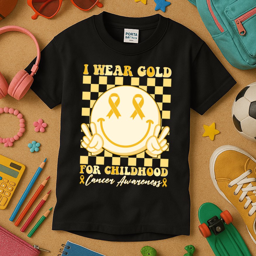 Retro Emoji Smiley I Wear Gold For Childhood Cancer Awareness Kids T-Shirt
