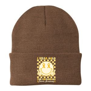 Retro Emoji Smiley I Wear Gold For Childhood Cancer Awareness Knit Cap Winter Beanie