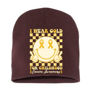 Retro Emoji Smiley I Wear Gold For Childhood Cancer Awareness Short Acrylic Beanie