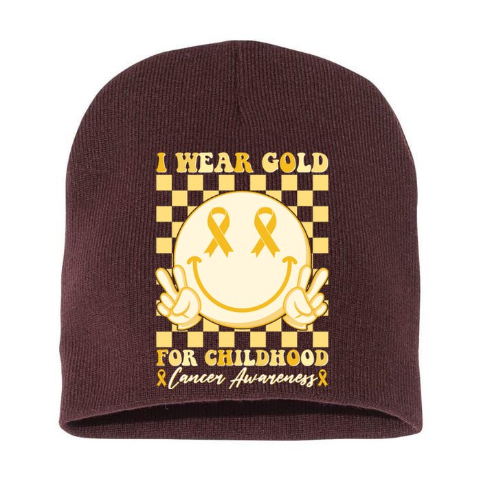 Retro Emoji Smiley I Wear Gold For Childhood Cancer Awareness Short Acrylic Beanie