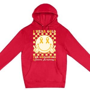 Retro Emoji Smiley I Wear Gold For Childhood Cancer Awareness Premium Pullover Hoodie