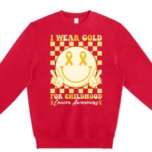 Retro Emoji Smiley I Wear Gold For Childhood Cancer Awareness Premium Crewneck Sweatshirt