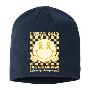 Retro Emoji Smiley I Wear Gold For Childhood Cancer Awareness Sustainable Beanie