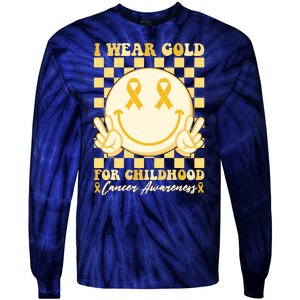 Retro Emoji Smiley I Wear Gold For Childhood Cancer Awareness Tie-Dye Long Sleeve Shirt