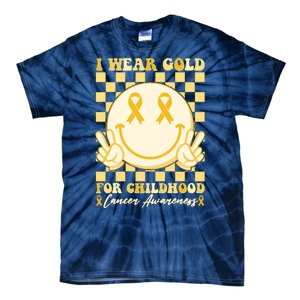 Retro Emoji Smiley I Wear Gold For Childhood Cancer Awareness Tie-Dye T-Shirt