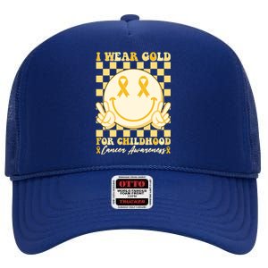 Retro Emoji Smiley I Wear Gold For Childhood Cancer Awareness High Crown Mesh Back Trucker Hat