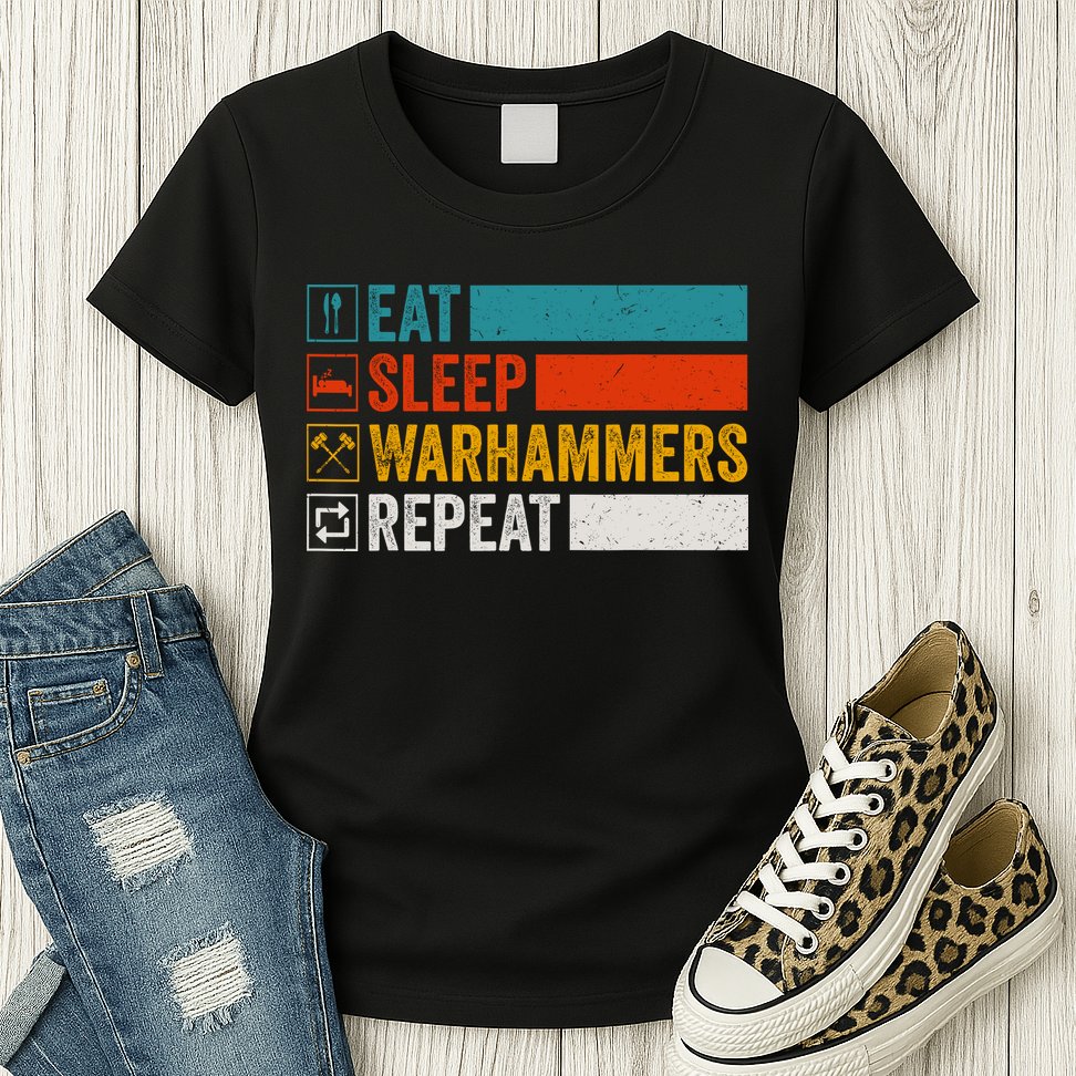 Retro Eat Sleep Warhammers Repeat Funny Gamer Video Gaming Womens T-Shirt