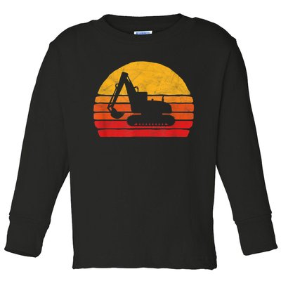 Retro Excavator & Sunset Vintage Construction Design Retro Toddler Long Sleeve Shirt