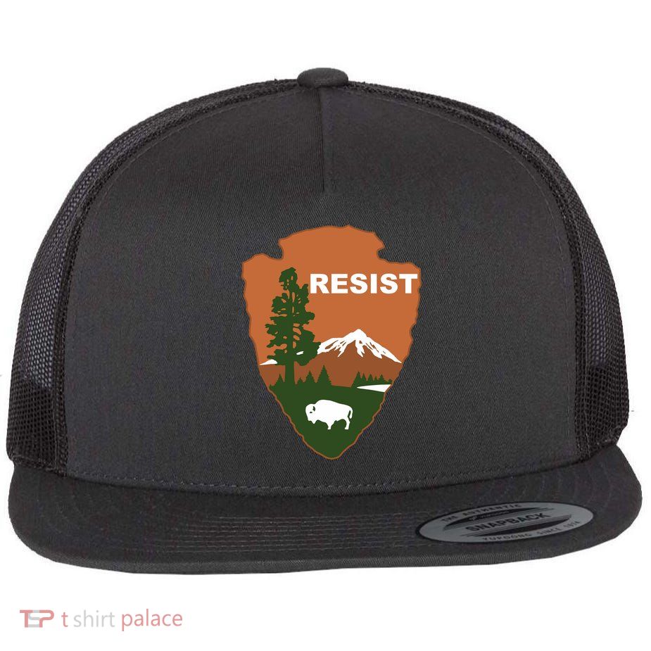 Resist. Earth DayNational Park Rangers Spoof Logo Flat Bill Trucker Hat