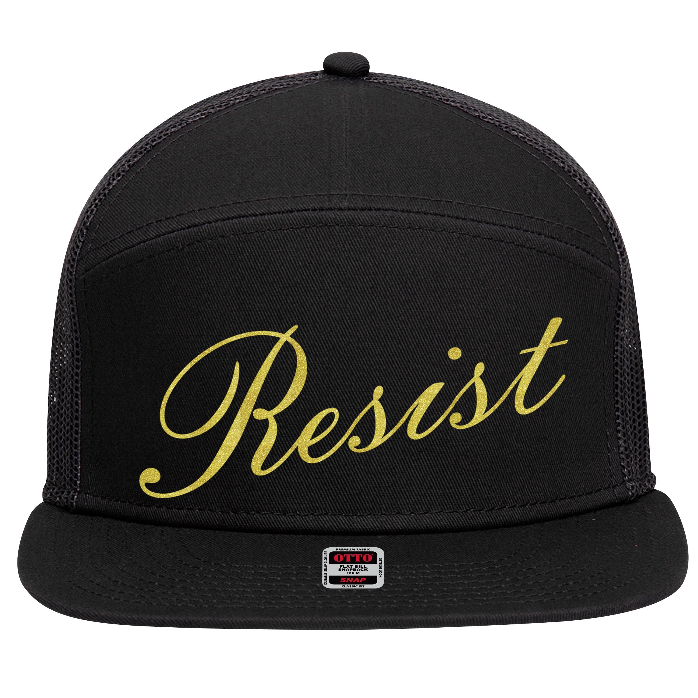 Resist Limited Gold Script 7 Panel Mesh Trucker Snapback Hat