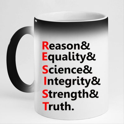 Resist Reason, Equality, Science, Integrity, Strength & Truth. Resistance 11oz Black Color Changing Mug