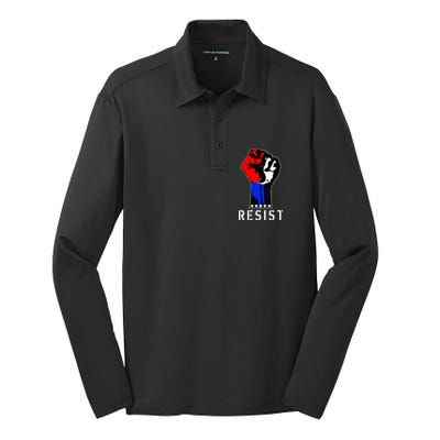 Resist Revolution Fight USA Stars Flag Fist Anti Trump Silk Touch Performance Long Sleeve Polo