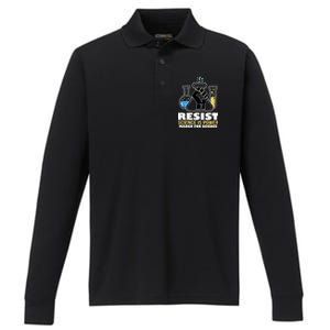 Resist Science is Power March for Science Fist Logo Performance Long Sleeve Polo