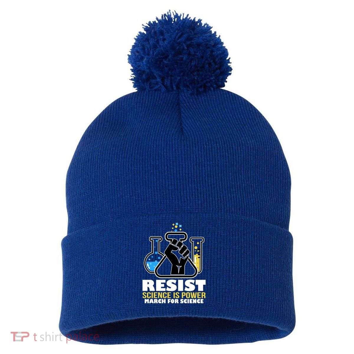 Resist Science is Power March for Science Fist Logo Pom Pom 12in Knit Beanie