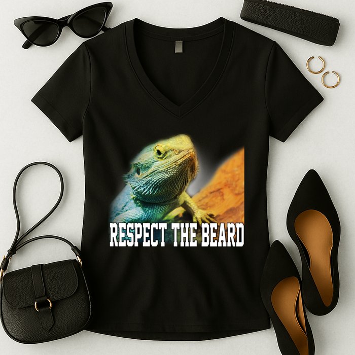 Respect The Beard Funny Bearded Dragon Women's V-Neck T-Shirt