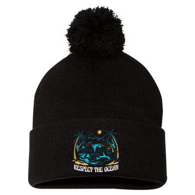 Respect The Ocean Pom Pom 12in Knit Beanie