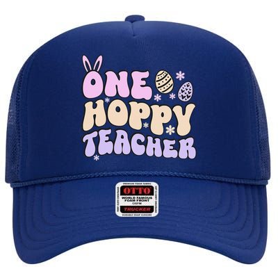 Retro Easter Teacher Cute Teachers One Hoppy Teacher High Crown Mesh Back Trucker Hat