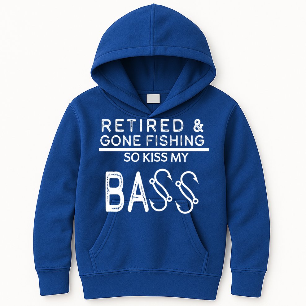 Retired And Gone Fishing Kiss My Bass Funny Kids Hoodie