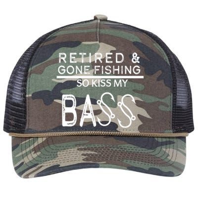 Retired And Gone Fishing Kiss My Bass Funny Retro Rope Trucker Hat Cap