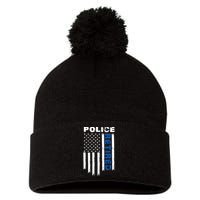 Retired Police Blue Flag Pom Pom 12in Knit Beanie