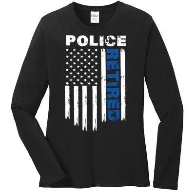 Retired Police Blue Flag Ladies Long Sleeve Shirt