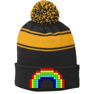 Retro 8 Bit Rainbow Stripe Pom Pom Beanie