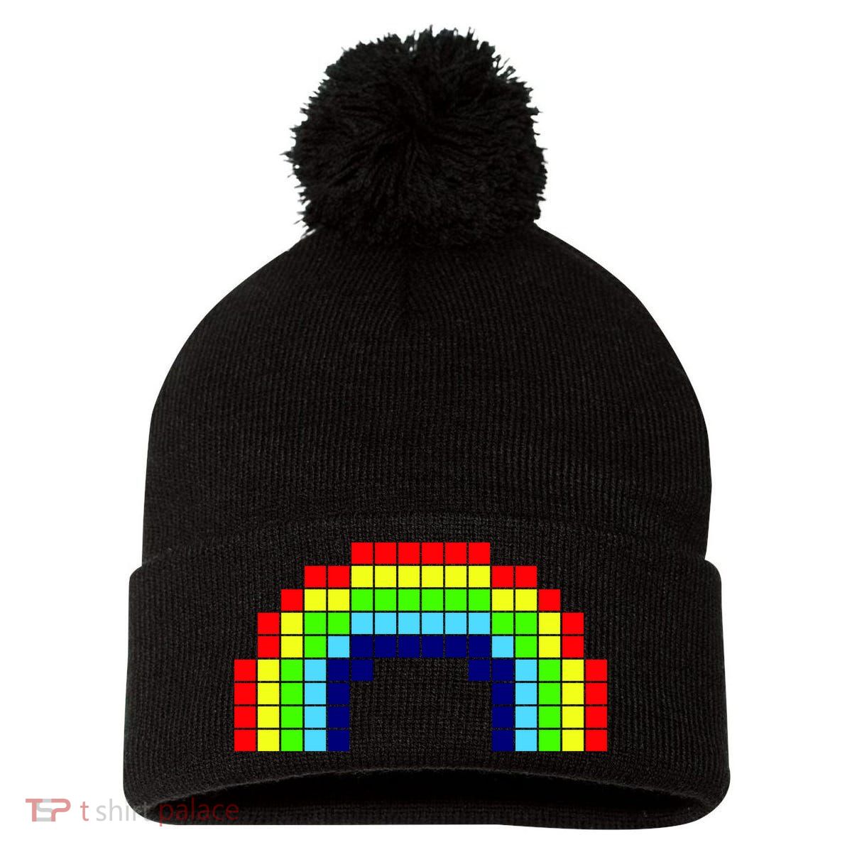 Retro 8 Bit Rainbow Pom Pom 12in Knit Beanie
