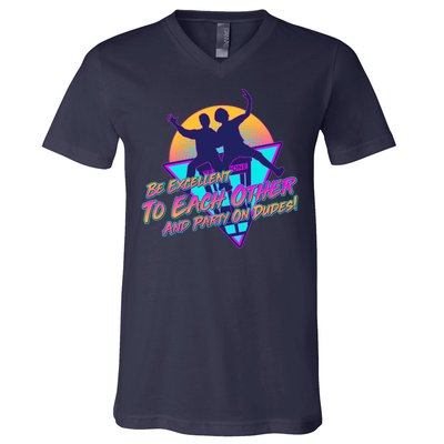 Retro 80's Bill And Ted Be Excellent to Each Other Party On Dudes! V-Neck T-Shirt