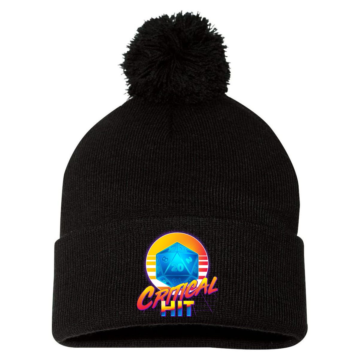 Retro 80's DnD Critical Hit Pom Pom 12in Knit Beanie