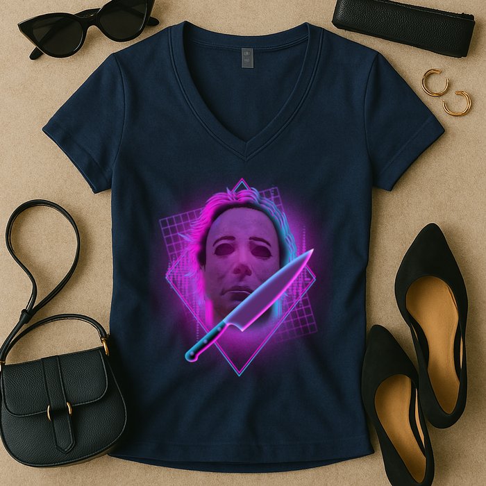 Retro 80's Eighties Myers With Knife Women's V-Neck T-Shirt