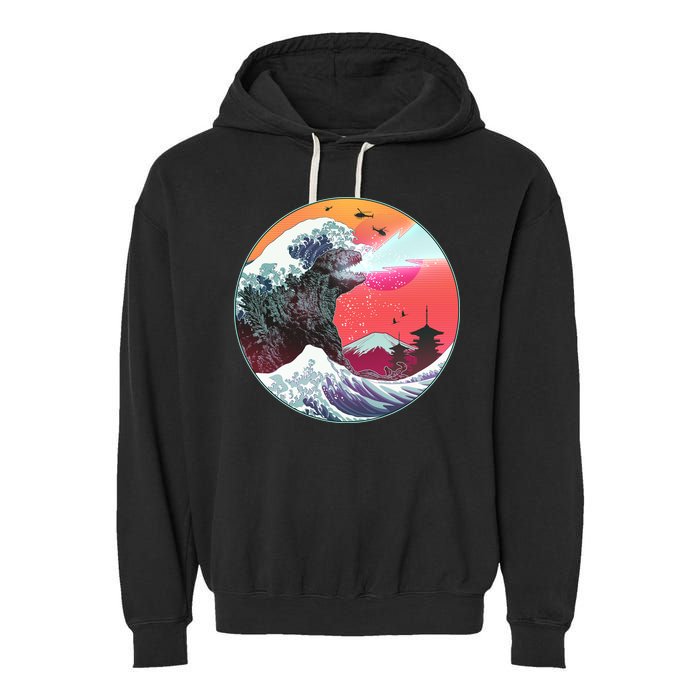 Retro 80's Godzilla Attack Wave Garment-Dyed Fleece Hoodie