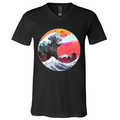Retro 80's Godzilla Attack Wave V-Neck T-Shirt