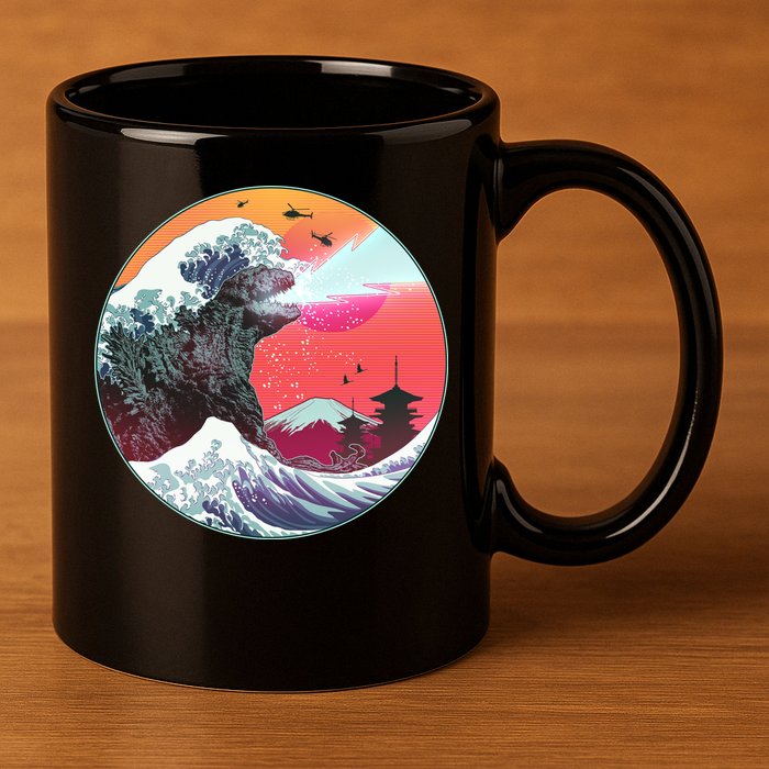 Retro 80's Godzilla Attack Wave 11oz C Handle Ceramic Mug