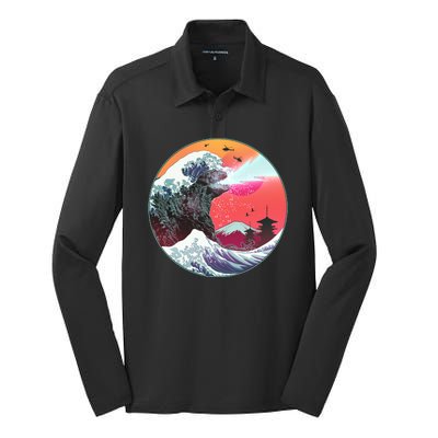 Retro 80's Godzilla Attack Wave Silk Touch Performance Long Sleeve Polo