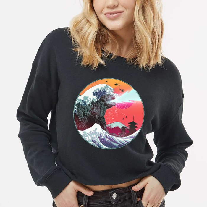 Retro 80's Godzilla Attack Wave Cropped Pullover Crew