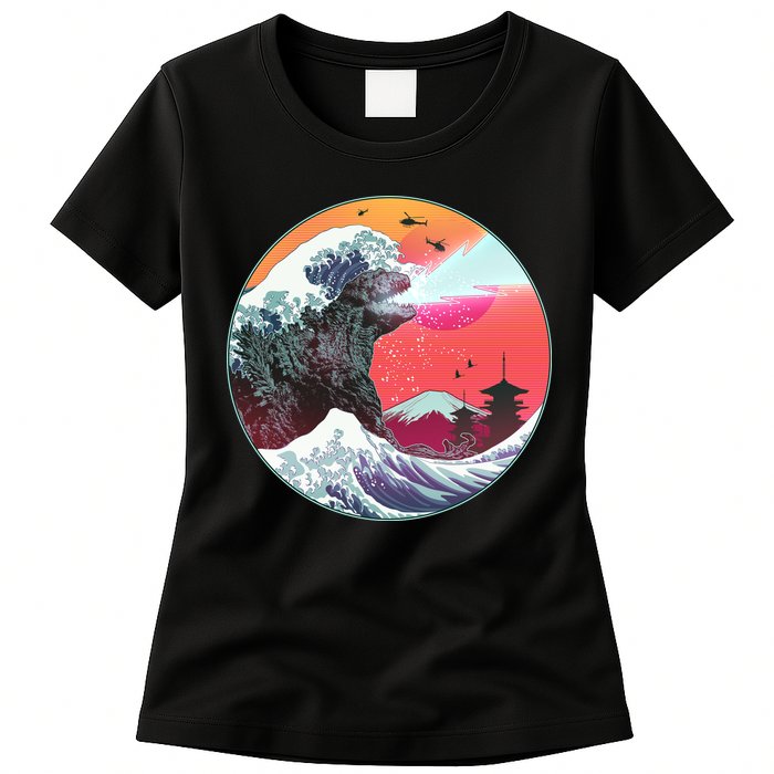 Retro 80's Godzilla Attack Wave Womens T-Shirt