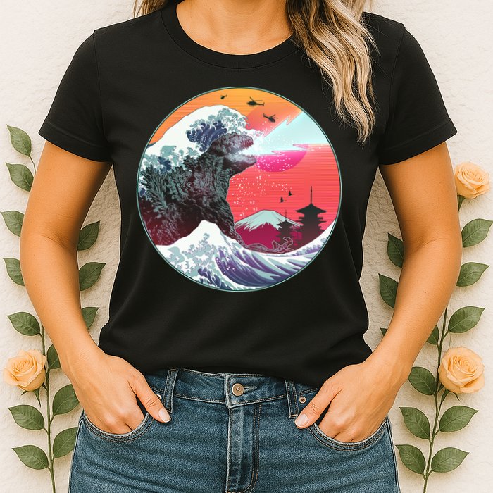 Retro 80's Godzilla Attack Wave Womens T-Shirt