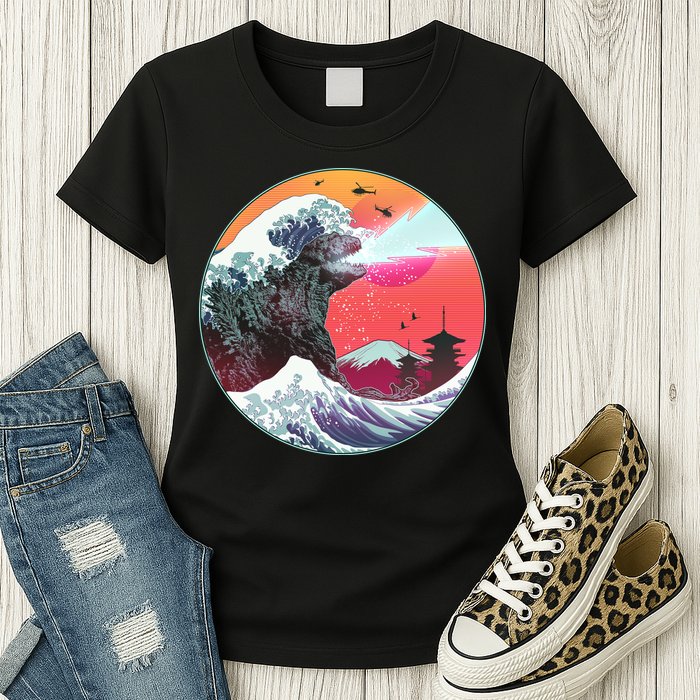 Retro 80's Godzilla Attack Wave Womens T-Shirt